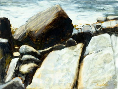Robert Angeloch (NY,1922-2011) oil painting: ARTIST: Robert Henry Angeloch (New York, 1922 - 2011) TITLE: Rocky Coast MEDIUM: oil on board CONDITION: Some small scratches/paint losses mostly in the lower left quadran