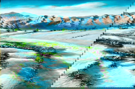 Vintage 20C California oil painting signed: ARTIST: - (California, 20 century) TITLE: Desert Landscape YEAR: 1984 MEDIUM: oil on canvas. Canvas applied to board. CONDITION: Overall good. No visible inpaint under UV light. Minor damages to