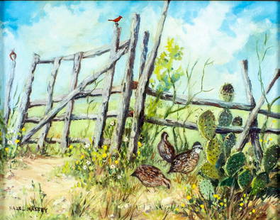 Hazel Massey (TX,1907-1990) oil painting: ARTIST: Hazel C Massey (Texas, 1907 - 1990) TITLE: Family of Quail (titled on stretcher) MEDIUM: oil on canvas CONDITION: Very good. No visible inpaint under UV light. ART SIZE: 11 x 14 inches /