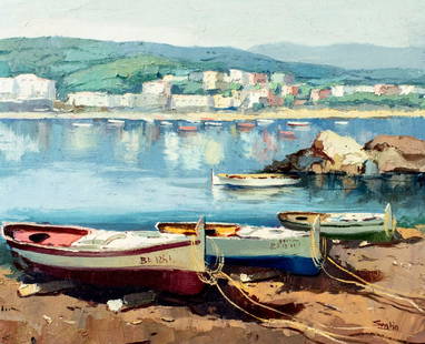 L Santin (Europe,20C) oil painting: ARTIST: L Santin (European, 20 century) TITLE: Coastal Landscape with Baots MEDIUM: oil on canvas CONDITION: Unstretched (In-House stretching available). Few small paint losses. Some craquelure. No