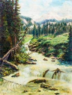 R Bertuch (German,early 20C) oil painting antique: ARTIST: R Bertuch (Germany, early 20 century) NAME: Mountain Stream Landscape YEAR: 1920 MEDIUM: oil on board CONDITION: Normal wear and some paint losses along edges. No visible inpaint under UV