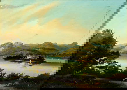 Antique 19C German oil painting signed: ARTIST: - (Germany, 19 century) TITLE: Mountain Town Landscape MEDIUM: oil on canvas. Canvas applied to board. CONDITION: Some paint losses mostly along edges. Some craque