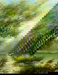 E Volare (Europe,19C) oil painting antique: ARTIST: E Volare (European, 19 century) TITLE: Lake Landscape with Figures YEAR: 1896 MEDIUM: oil on canvas CONDITION: Two small patches. Few small paint losses and some paint losses along edges.