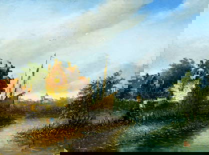 Emili Vila (Europe,20C) oil painting: ARTIST: Emili Vila (European, 20 century) TITLE: River Landscape with Houses MEDIUM: oil on board CONDITION: Some damage to the lower left corner. Some scratches/paint losse