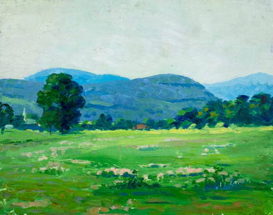Henrik Hillblom (CT,NY,Sweden,1863-1948) oil painting: ARTIST: Henrik Hillblom (Connecticut, New York, Swedish, 1863-1948) TITLE: Hilly Landscape MEDIUM: oil on board CONDITION: Missing a few flakes of paint. Normal wear along e