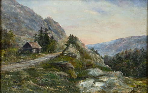 E Snider (US,early 20C) oil painting antique: ARTIST: E Snider (American, early 20 century) TITLE: Sunset Mountain Landscape MEDIUM: oil on canvas CONDITION: Few small scratches/paint losses mostly along edges. Some fox