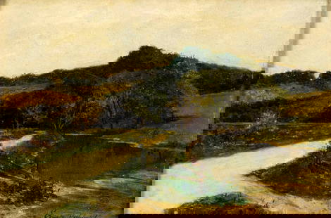 Ernest William Haslehust (UK,1866-1949) oil painting antique: ARTIST: Ernest William Haslehust (United Kingdom, 1866 - 1949) TITLE: Landscape - Path by Pond MEDIUM: oil on board CONDITION: Few small scratches/paint losses along the r