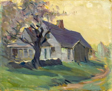 John Doe (US,early 20C) oil painting antique 2-sided: ARTIST: John Doe (American, early 20 century) TITLE: Lanscape with Cottage MEDIUM: oil on board CONDITION: Minor paint losses. Few small faint scratches. No visible inpaint