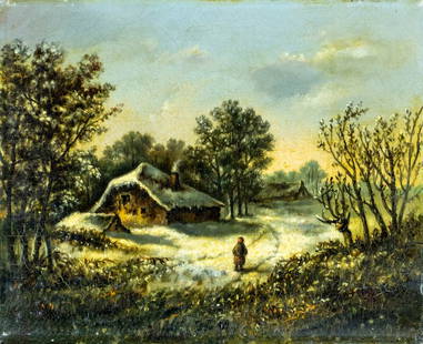 Antique 19C French oil painting: ARTIST: - (France, 19 century) TITLE: Sunset Winter Country Landscape YEAR: 1889 MEDIUM: oil on canvas CONDITION: One small patch. Few minor paint loss