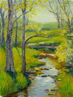 Jacob Royer (Ohio,1883-1959) oil painting antique: ARTIST: Jacob Snider Royer (Ohio, 1883 - 1959) TITLE: Landscape - Spring Joy (titled on verso) YEAR: 1929 MEDIUM: oil on board CONDITION: Few small p