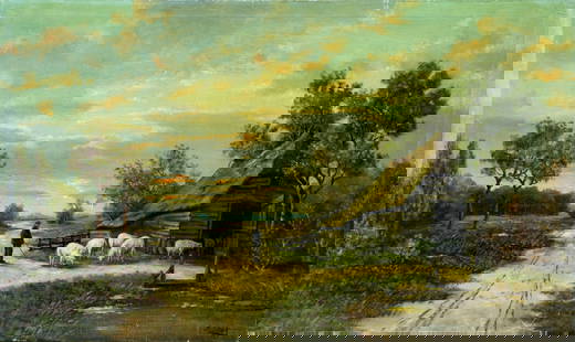 Pieter van Schaik (Dutch,1910-1999) oil painting: ARTIST: Pieter van Schaik (Netherlands, 1910 - 1999) TITLE: Countryside Landscape with Sheep MEDIUM: oil on canvas CONDITION: Some scratches/paint losses mostly along edges