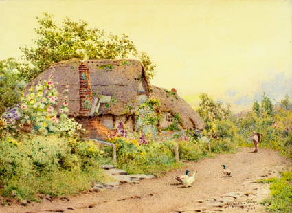 John Lynas Gray (UK,1869-1933) watercolor painting antique: ARTIST: John Abernethy Lynas Gray (United Kingdom, 1869 - 1933) TITLE: Country Landscape, Cropthorne Village, UK (titled on verso) YEAR: 1923 MEDIUM: watercolor on board