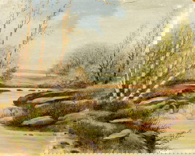 Antique early 20C American oil painting: ARTIST: - (American, early 20 century) TITLE: River Landscape MEDIUM: oil on board CONDITION: Some damages to edges and corners. Some flaking/paint losses mostly by the up