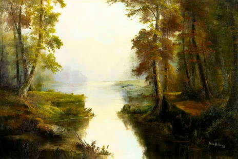 Ron Williams (TN,1947-2016) oil painting: ARTIST: Ron Williams (Tennessee, 1947 - 2016) TITLE: Forest Stream Landscape MEDIUM: oil on canvas CONDITION: Overall good. No visible inpaint under UV light. ART SIZE: 24 x 36 inches / 60 x 91 cm