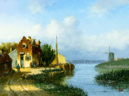 Emili Vila (Europe,20C) oil painting: ARTIST: Emili Vila (European, 20 century) TITLE: River Landscape with Sailboat MEDIUM: oil on board CONDITION: Minor damage to the lower right corner. Some small scratches/paint losses. No visible