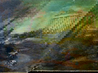 Vintage mid 20C European oil painting: ARTIST: - (Europe, mid 20 century) TITLE: Landscape with Ruins MEDIUM: oil on canvas CONDITION: Few small paint losses. Some craquelure. No visible inpaint under UV light.