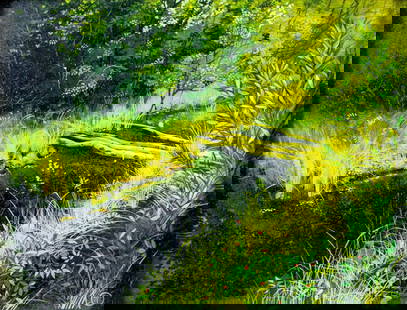 Vasiliy Vasilyevich Timofeev (Russia,b 1946) oil painting: ARTIST: Vasiliy Vasilyevich Timofeev (Russian, born 1946) TITLE: Little Bridge (titled on verso) YEAR: 1992 MEDIUM: oil on board CONDITION: Few minor paint losses. No visible inpaint under UV light.