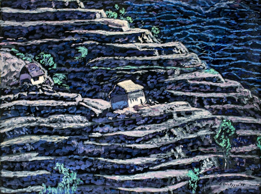 Evelyn Metzger (NY,Brazil,1911-2007) oil painting: ARTIST: Evelyn Borchard Metzger (New York, Brazilian, 1911 - 2007) TITLE: Nepal Terraces (titled on verso) YEAR: 1995 MEDIUM: oil on board CONDITION: M