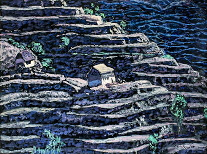 Evelyn Metzger (NY,Brazil,1911-2007) oil painting: ARTIST: Evelyn Borchard Metzger (New York, Brazilian, 1911 - 2007) TITLE: Nepal Terraces (titled on verso) YEAR: 1995 MEDIUM: oil on board CONDITION: Minor damages to upper corners. No visible