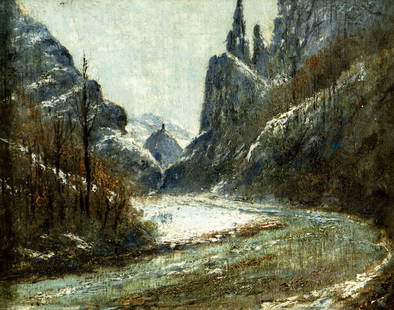 Antique early 20C European oil painting: ARTIST: - (Europe, early 20 century) TITLE: Mountain Stream Landscape MEDIUM: oil on board CONDITION: Overall good. No visible inpaint under UV light. ART SIZE: 8 x 10 inches / 20 x 25 cm FRAME
