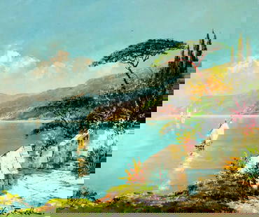 Forelli (Italy,20C) oil painting: ARTIST: Forelli (Italian, 20 century) TITLE: Coastal Landscape with Sailboats MEDIUM: oil on canvas CONDITION: Unstretched (In-House stretching available). Few minor paint losses. No visible inpaint