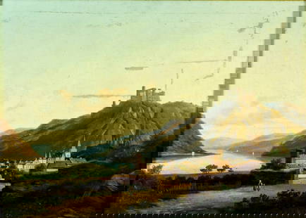 Antique 19C German oil painting signed: ARTIST: - (Germany, 19 century) TITLE: Mountain Town Landscape MEDIUM: oil on canvas. Canvas applied to board. CONDITION: Some scratches/paint losses. Some craquelure. Som