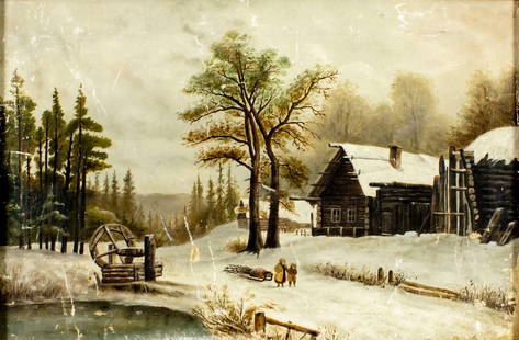 Antique 19C American oil painting: ARTIST: - (American, 19 century) TITLE: Winter Country Landscape MEDIUM: oil on canvas CONDITION: Two small patches. Some scratches/paint losses (see pictures carefully). Few nail holes along