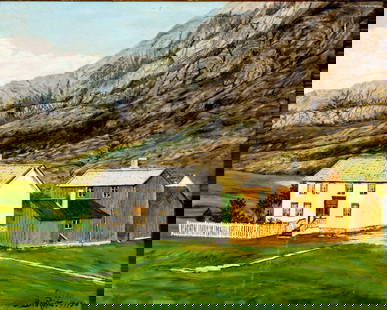 Ben Roste (US,mid 20C) oil painting: ARTIST: Ben Roste (American, mid 20 century) TITLE: Mountain Landscape with Cottages YEAR: 1948 MEDIUM: oil on canvas board CONDITION: Few minor scratches/paint losses. No visible inpaint under UV