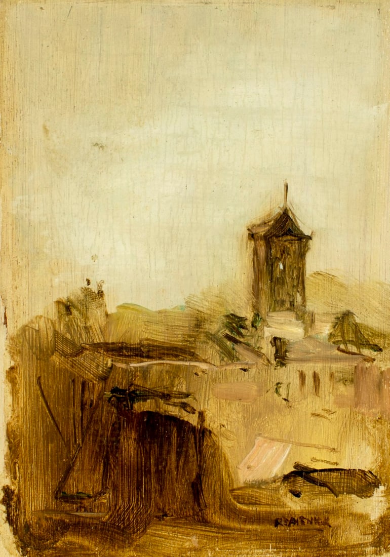 Seymour Remenick (PA,MI,1923-1999) oil painting: ARTIST: Seymour Remenick (Pennsylvania, Michigan, 1923 - 1999) TITLE: Cityscape MEDIUM: oil on board CONDITION: Overall good. No visible inpaint under UV light.