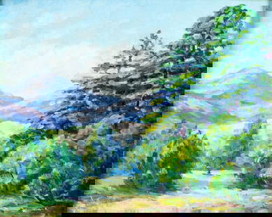 A H Miller (US,mid 20C) oil painting: ARTIST: A H Miller (American, mid 20 century) TITLE: Hilly Landscape MEDIUM: oil on board CONDITION: Missing a few flakes of paint. Minor craquelure. ART SIZE: 8 x 10 inches / 20 x 25 cm FRAME SIZE: