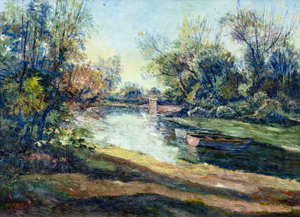 Carnito (US,20C) oil painting: ARTIST: Carnito (American, 20 century) TITLE: River Landscape with Boats MEDIUM: oil on board CONDITION: Few minor paint losses. No visible inpaint under UV light. Wear to frame. ART SIZE: 20 x 28