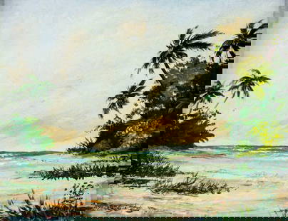 Russell White (CA,1921-1987) oil painting: ARTIST: Russell Eberle White (California, 1921 - 1987) TITLE: Tropical Seascape MEDIUM: oil on board CONDITION: Very good. No visible inpaint under UV light. A