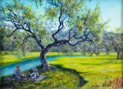 Barbara Stanton (CA,20/21C) oil painting: ARTIST: Barbara Stanton (California, 20/21 centuries) TITLE: Landscape - Under the Olive Tree (titled on verso) YEAR: 2005 MEDIUM: oil on board CONDITION: