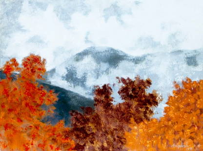 Robert Angeloch (NY,1922-2011) oil painting: ARTIST: Robert Henry Angeloch (New York, 1922 - 2011) TITLE: Autumn Mountain Landscape YEAR: 1991 MEDIUM: oil on board CONDITION: Some small damage to