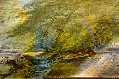 August Jacobsen (Norway,1868-1965) oil painting: ARTIST: August Julius Jacobsen (Norwegian, 1868 - 1965) TITLE: Forest Stream Landscape MEDIUM: oil on canvas CONDITION: Some flaking/paint losses mostly by the upper edge
