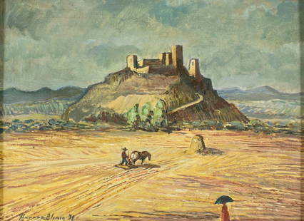 H Blanca (US,20C) oil painting: ARTIST: H Blanca (American, 20 century) TITLE: Landscape with Fortress on Hill YEAR: 1971 MEDIUM: oil on canvas CONDITION: Few small faint scratches along edges. No visible inpaint under UV light.