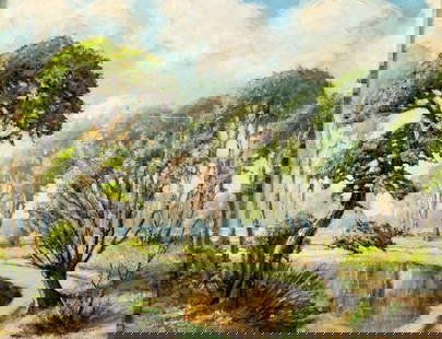 Otto (US, mid 20C) oil painting: ARTIST: Otto (American, mid 20 century) TITLE: Lake Landscape MEDIUM: oil on board CONDITION: Some scratches/paint losses. No visible inpaint under UV light. Some damages to frame. ART SIZE: 20 x 26