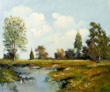 S Lobau (Europe,20C) oil painting: ARTIST: S Lobau (European, 20 century) TITLE: Countryside Pond Landscape MEDIUM: oil on canvas CONDITION: Unstretched (In-House stretching available). Some paint losses mostly by the lower left