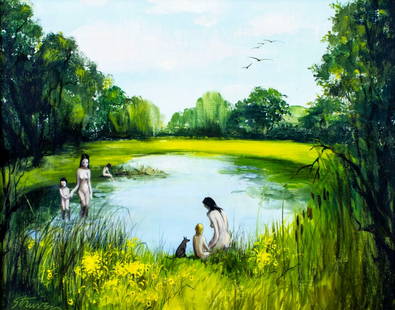 Helen Struven (MD,1909-1986) oil painting: ARTIST: Helen Struven (Maryland, 1909 - 1986) TITLE: Pond Landscape with Nude Bathers MEDIUM: oil on canvas CONDITION: Very good. No visible inpaint under UV light. Wear to frame. ART SIZE: 14 x 18