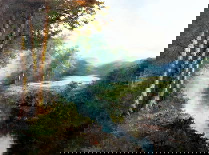 Ron Williams (TN,1947-2016) oil painting: ARTIST: Ron Williams (Tennessee, 1947 - 2016) TITLE: Forest Stream Landscape MEDIUM: oil on canvas CONDITION: Overall good. No visible inpaint under UV light. Normal wear along edges. ART SIZE: 30