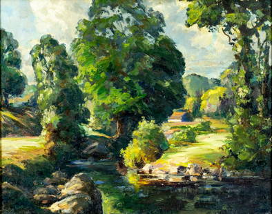 Laski (Europe,early 20C) oil painting antique 2-sided: ARTIST: Laski (European, early 20 century) TITLE: River Landscape MEDIUM: oil on board CONDITION: Few very minor paint losses. Some scattered small inpaintings. Wear to frame. ART SIZE: 18 x 22