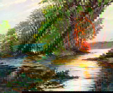 Hasselbar (US,20C) oil painting: ARTIST: Hasselbar (American, 20 century) TITLE: Campfire Landscape MEDIUM: oil on canvas CONDITION: Some small paint losses. Some craquelure. No visible inpaint under UV lig