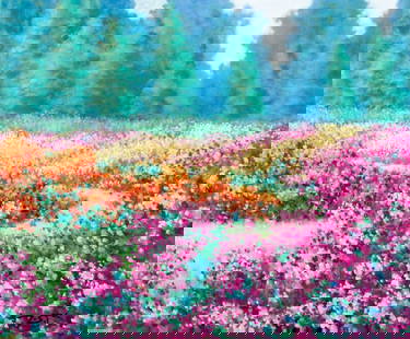Zu Sheng Yu (NY,China,20C) oil painting: ARTIST: Zu Sheng Yu (New York, Chinese, 20 century) TITLE: Flower Field Landscape MEDIUM: oil on canvas CONDITION: Minor paint losses. No visible inpaint under UV light. ART SIZE: 20 x 24 inches / 50