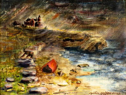 Cynthia Gifford Allen (RI,FL,1922-2005) oil painting: ARTIST: Cynthia Gifford Allen (Rhode Island, Florida, 1922 - 2005) TITLE: Coastal Landscape MEDIUM: oil on board CONDITION: Few minor paint losses. Minor craquelure. No visible inpaint under UV