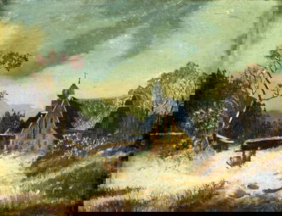 Antique early 20C American oil painting: ARTIST: - (American, early 20 century) TITLE: Winter Village Landscape MEDIUM: oil on canvas board CONDITION: Some scratches/paint losses. No visible inpaint under UV light. Minor damages to frame.