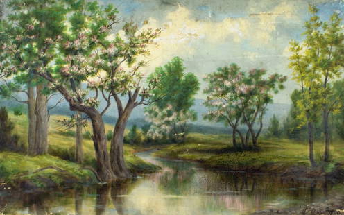 C J Collin (NY,19/20C) oil painting antique: ARTIST: C J Collin (New York, 19/20 centuires) TITLE: Springtime Landscape YEAR: 1900 MEDIUM: oil on canvas CONDITION: One small patch. Some scratches. Some paint losses (see pictures carefully).