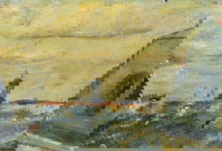 John Mansfield (MA,CT,1849-1933) oil painting antique: ARTIST: John Worthington Mansfield (Massachusetts, Connecticut, 1849 - 1933) TITLE: Rooftop Cityscape MEDIUM: oil on canvas CONDITION: Small scratches/paint losses. Some c