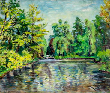 Jitka Zidlicka (Chech,early 20C) oil painting antique: ARTIST: Jitka Zidlicka (Chech, early 20 century) TITLE: Lake Landscape MEDIUM: oil on canvas CONDITION: Minor scratches/paint losses. Minor craquelure. No visible inpaint under UV light. ART SIZE: 16