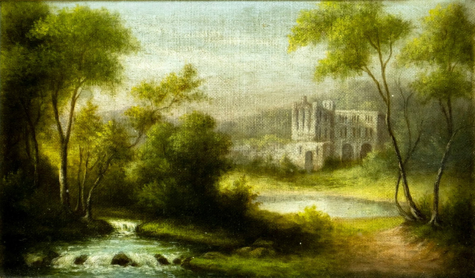 Antique early 20C American oil painting: ARTIST: - (American, early 20 century) TITLE: Stream Landscape with Mansion MEDIUM: oil on canvas CONDITION: Overall good. No visible inpaint under UV light. Wear to frame