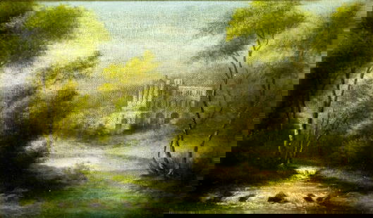 Antique early 20C American oil painting: ARTIST: - (American, early 20 century) TITLE: Stream Landscape with Mansion MEDIUM: oil on canvas CONDITION: Overall good. No visible inpaint under UV light. Wear to frame. ART SIZE: 6 x 10 inches